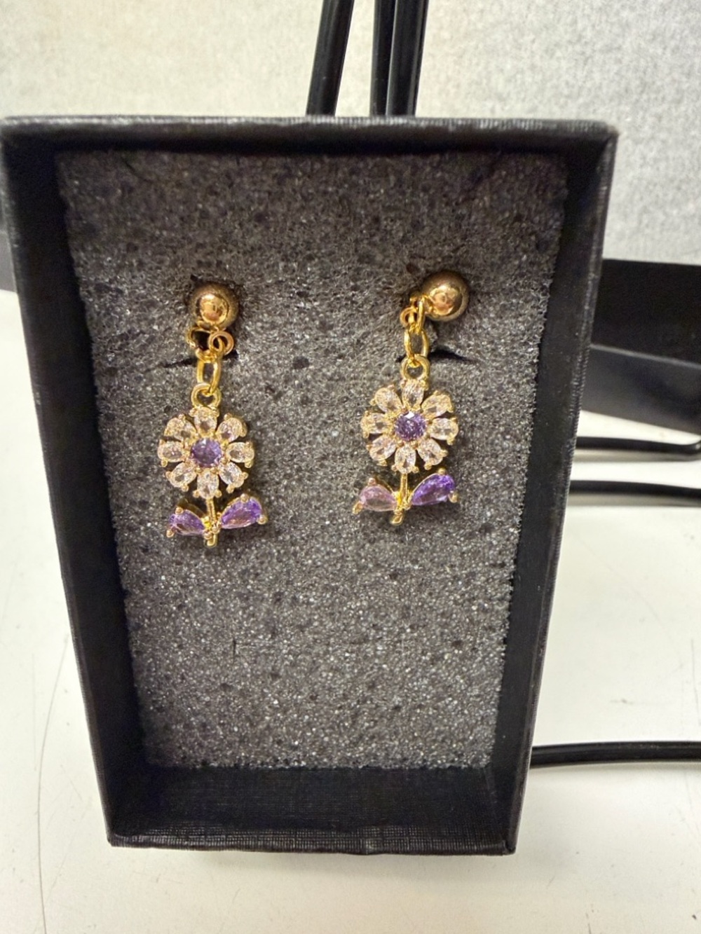 Gold-Tone Purple Flower Drop Earrings